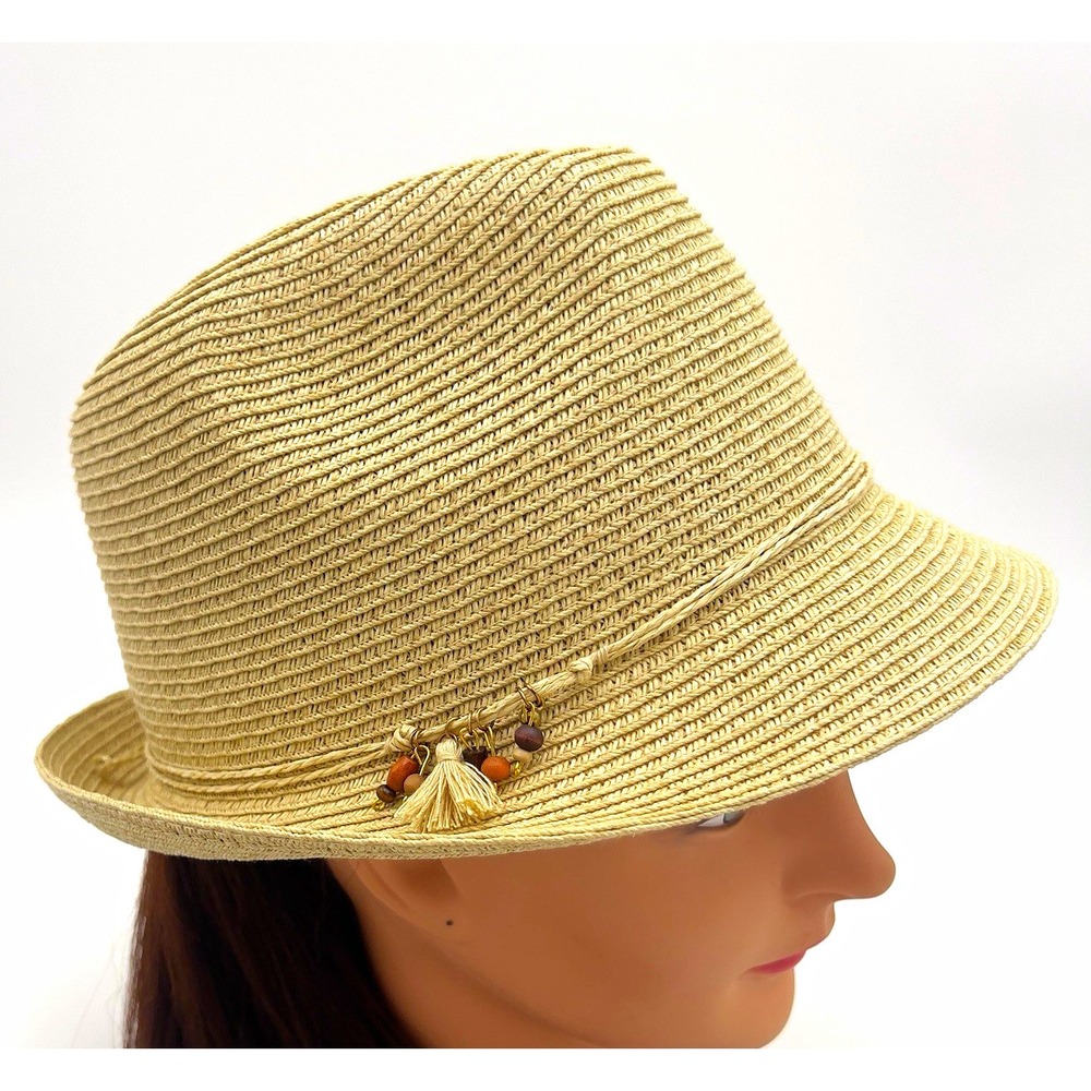 Nine West Straw Fedora Hat Beige Beaded Tassel Accent Women One Size